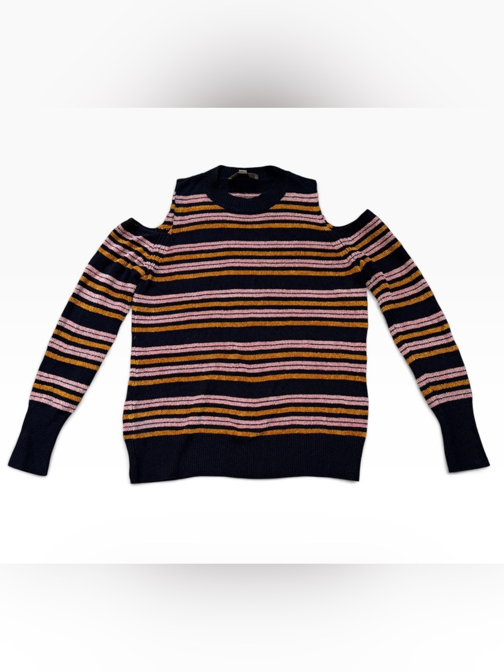 LOFT Black Striped Cold-Shoulder Crewneck Sweater with Pink & Mustard Stripes